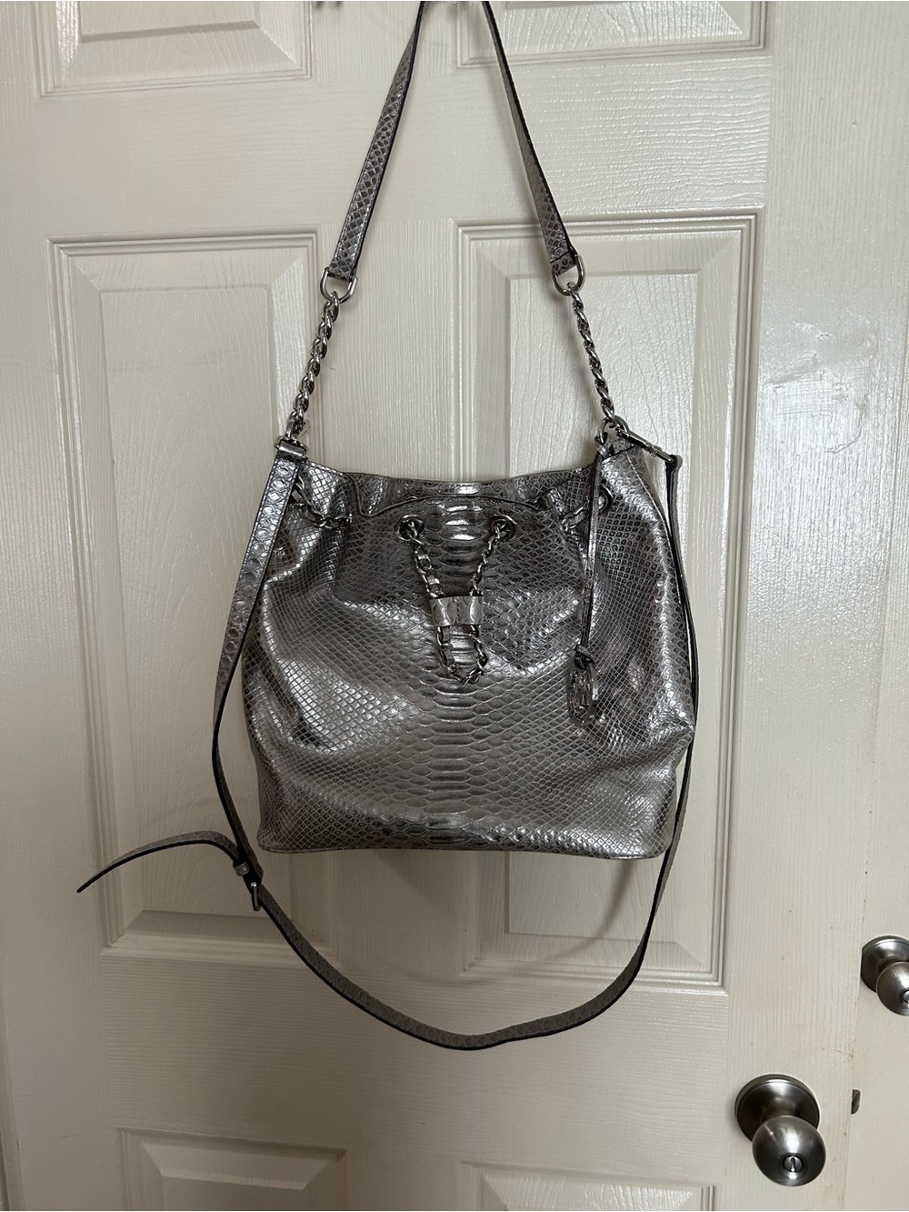 Michael Kors Frankie Metallic Silver Snakeskin Drawstring Bucket Bag